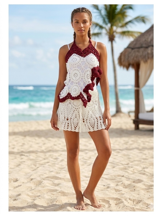 Hand Crafted Other - Hand Crafted White Burgundy Crochet Swim Coverup 2 Piece Set